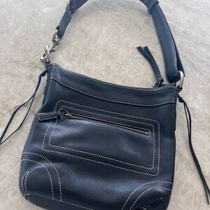 Coach Black Leather Purse Bleeker White Stitched Shoulder Bag Pebbled Le…